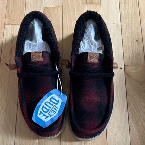 Hey Dude Mens Slipper Shoes - Red and Black Plaid